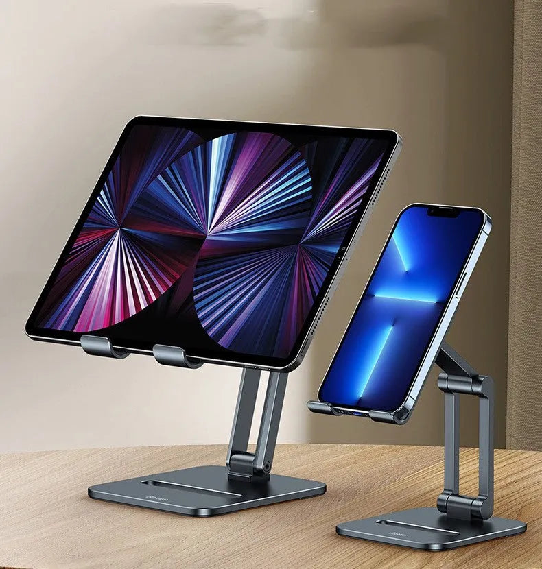 Folding aluminium alloy stand holding a 13-inch tablet on a desk, deep space gray colour, tablet model size 115 by 126 by 43 millimetres