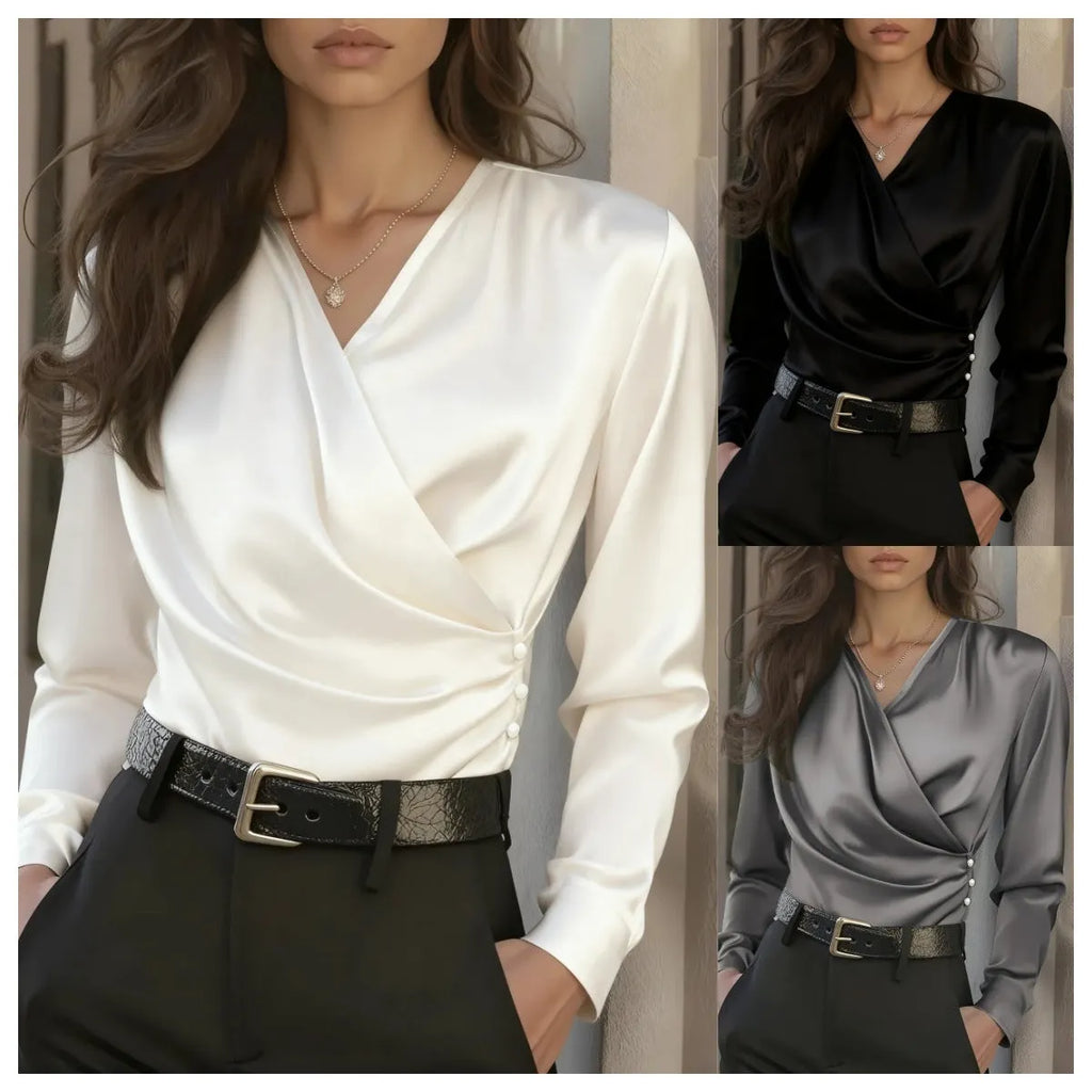 Women's V-neck slim fit polyester shirt in white with long sleeves and patchwork detail