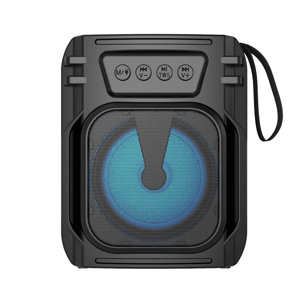 Blue portable Bluetooth speaker with FM radio measuring 110mm high with USB charging cable