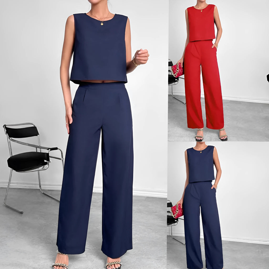 Women's red polyester two-piece set with sleeveless top and wide leg trousers