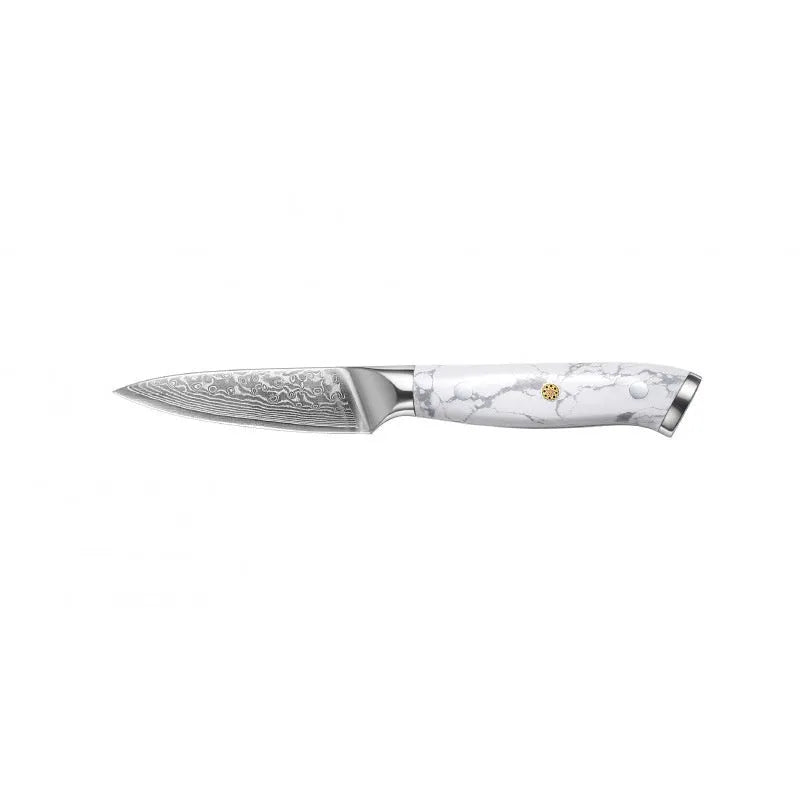 VG10 Damascus steel chef's knife with 21cm blade on a kitchen counter.