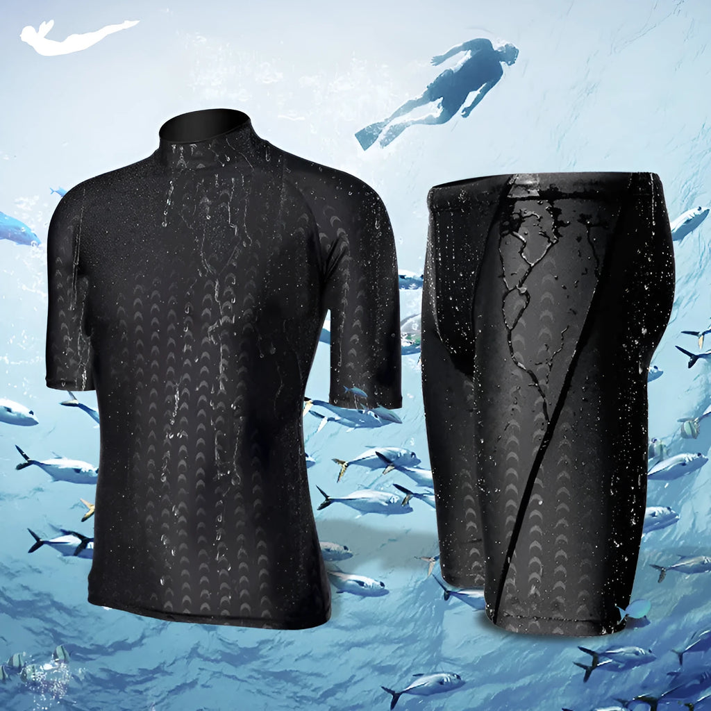 Men's black leopard print short-sleeved swimsuit suit with split quick-drying fabric, front view