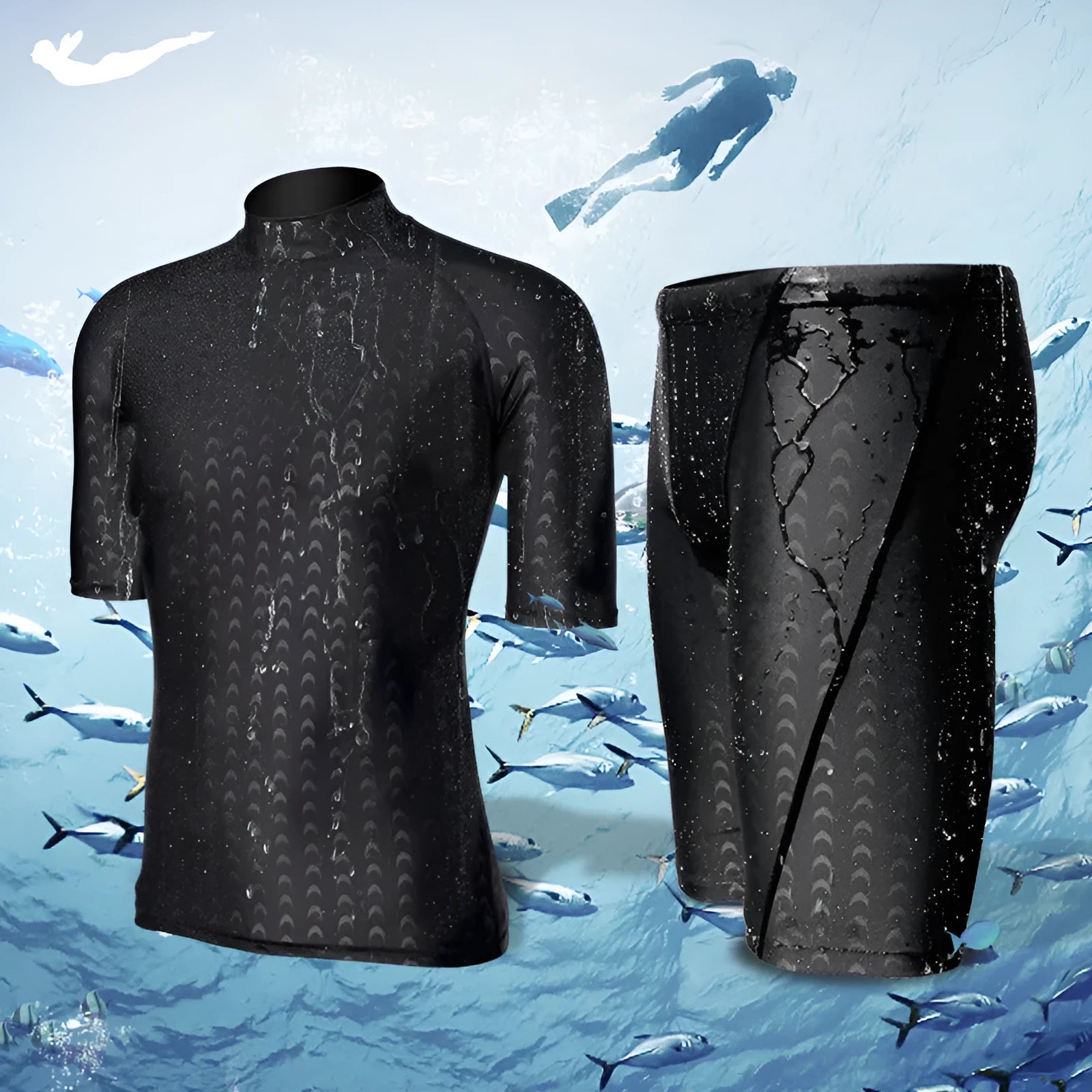 Men's black leopard print short-sleeved swimsuit suit with split quick-drying fabric, front view