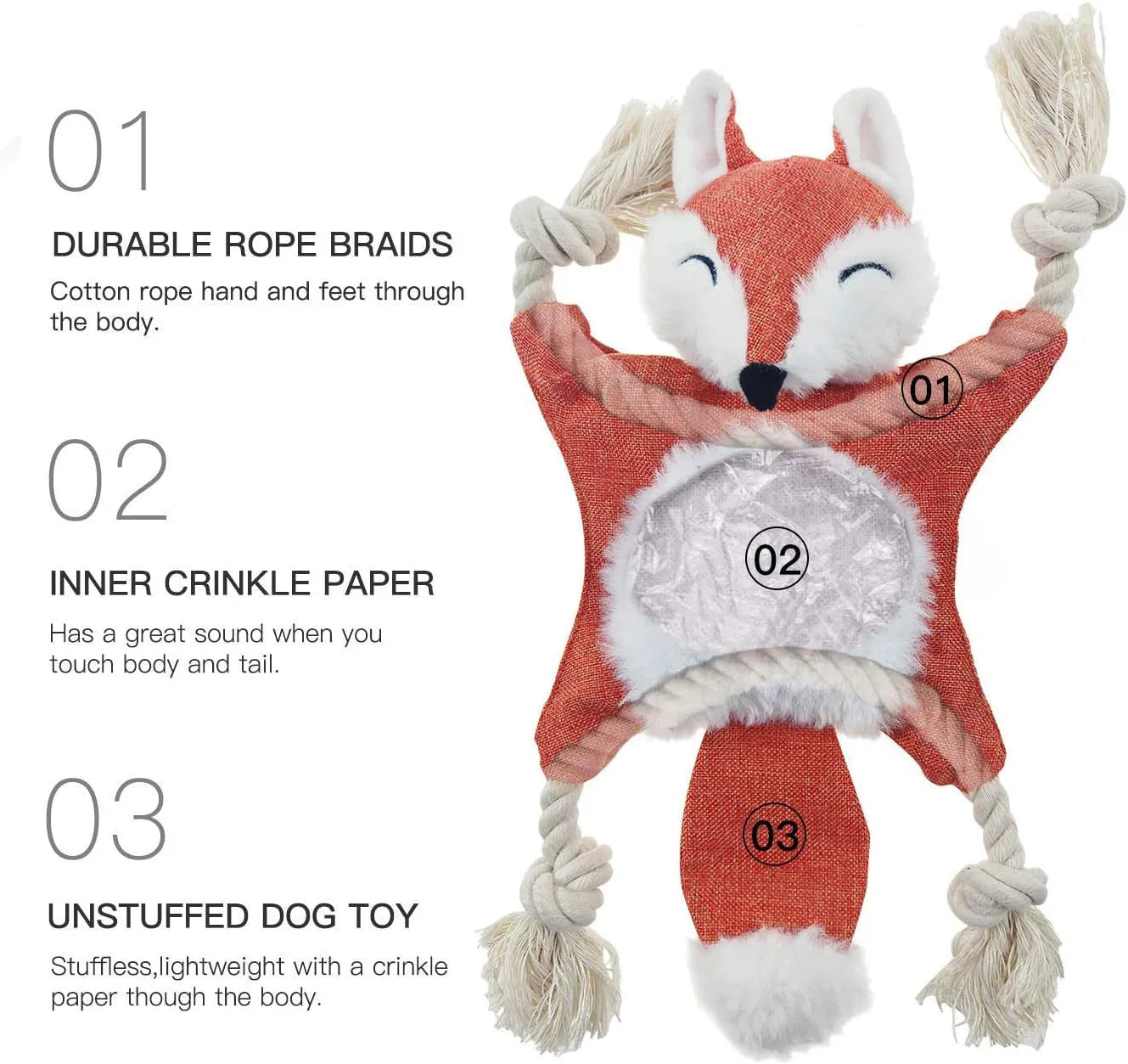 Brown fox-shaped dog toy with embroidered eyes, cotton rope limbs, and crinkle paper body