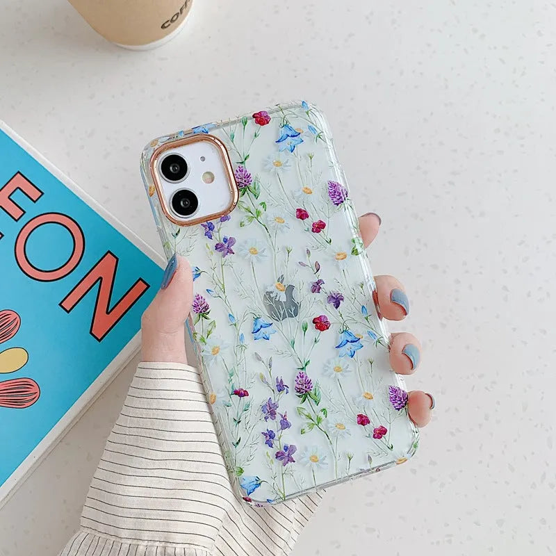 Fresh flowers and grass fashion TPU phone case for iPhone, back cover style with fall protection, flower pattern