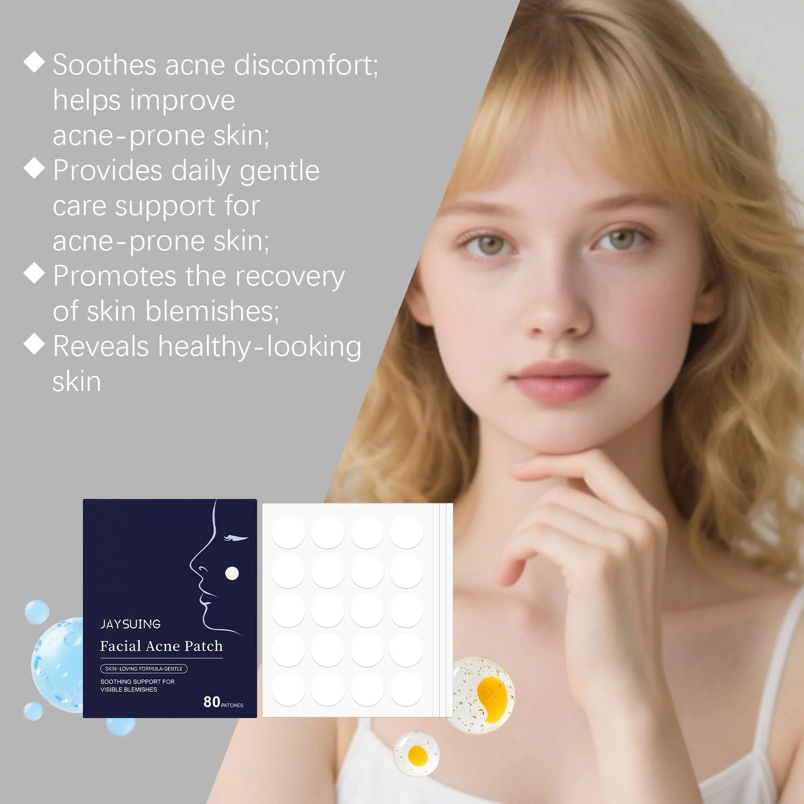 Pack of 80 transparent hydrocolloid acne patches for facial spot treatment.