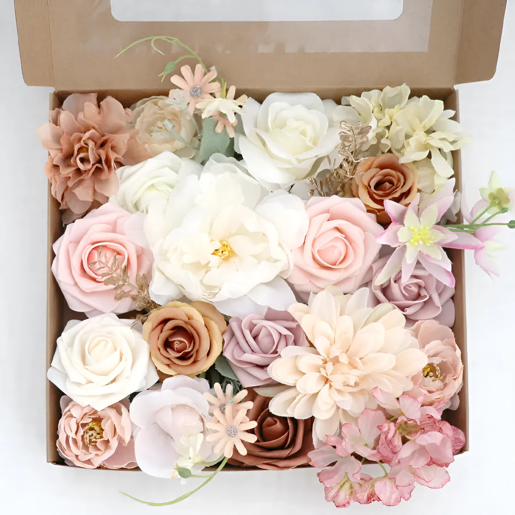 Silk flower bouquet in Lotus Pink Champagne Rose gift box with half-handmade arrangement on white background.