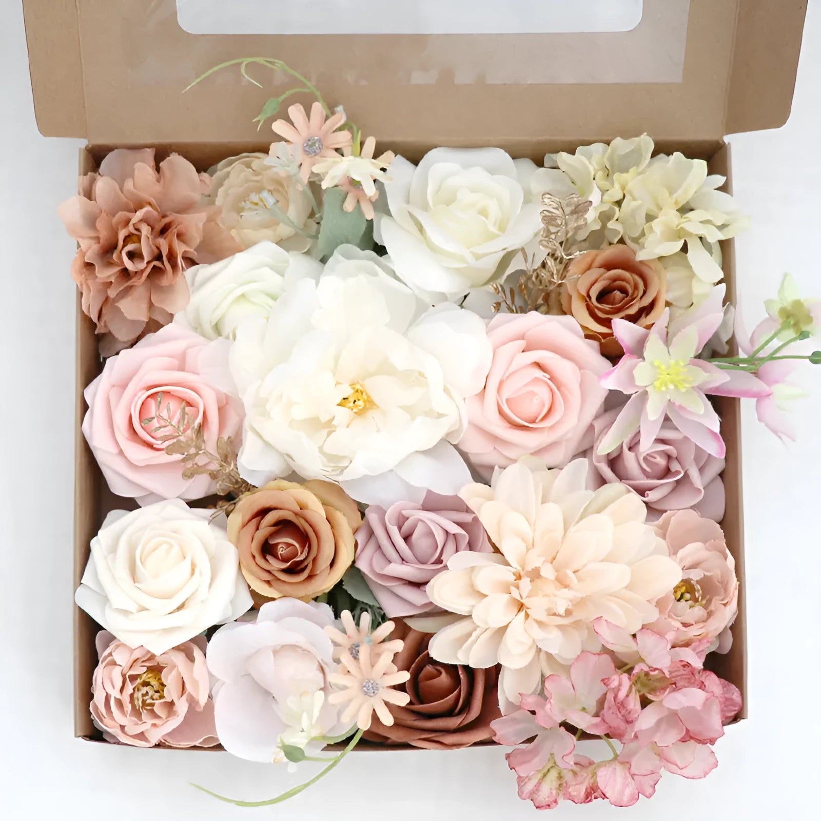 Silk flower bouquet in Lotus Pink Champagne Rose gift box with half-handmade arrangement on white background.