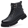 Men's brown leather high-top boots with a side zipper and round toe.