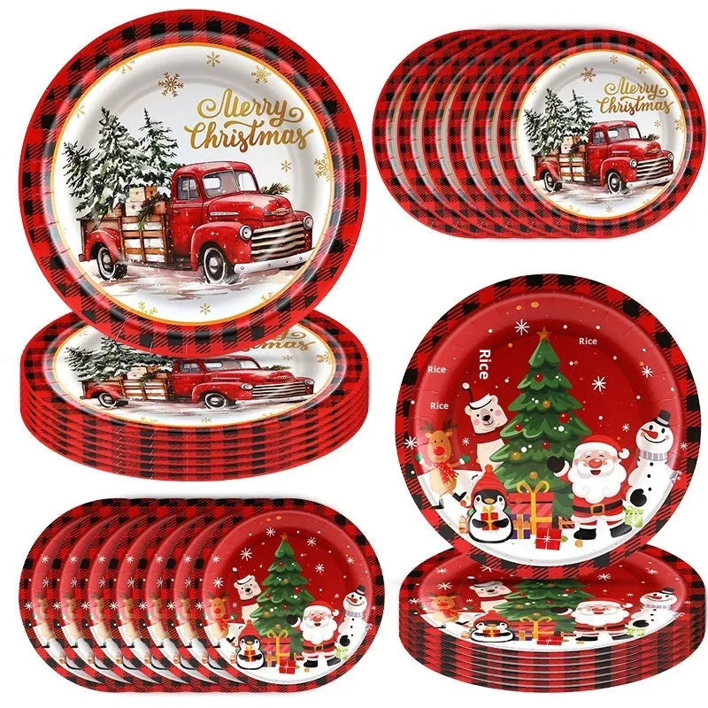Disposable tissue paper pallet 10-pack with 7-inch and 9-inch cartoon-style paper plates for Christmas parties