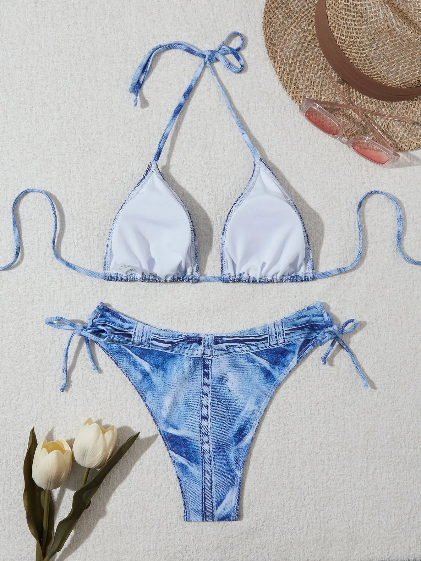 Women's denim blue printed bikini with strap design showing front and back views