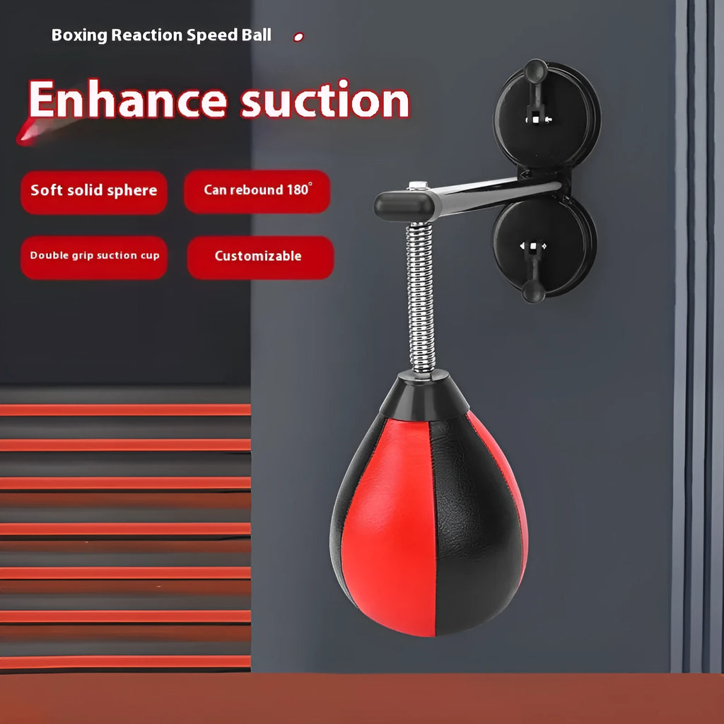 Red and black inflatable boxing training ball with suction cup mounting system and pump
