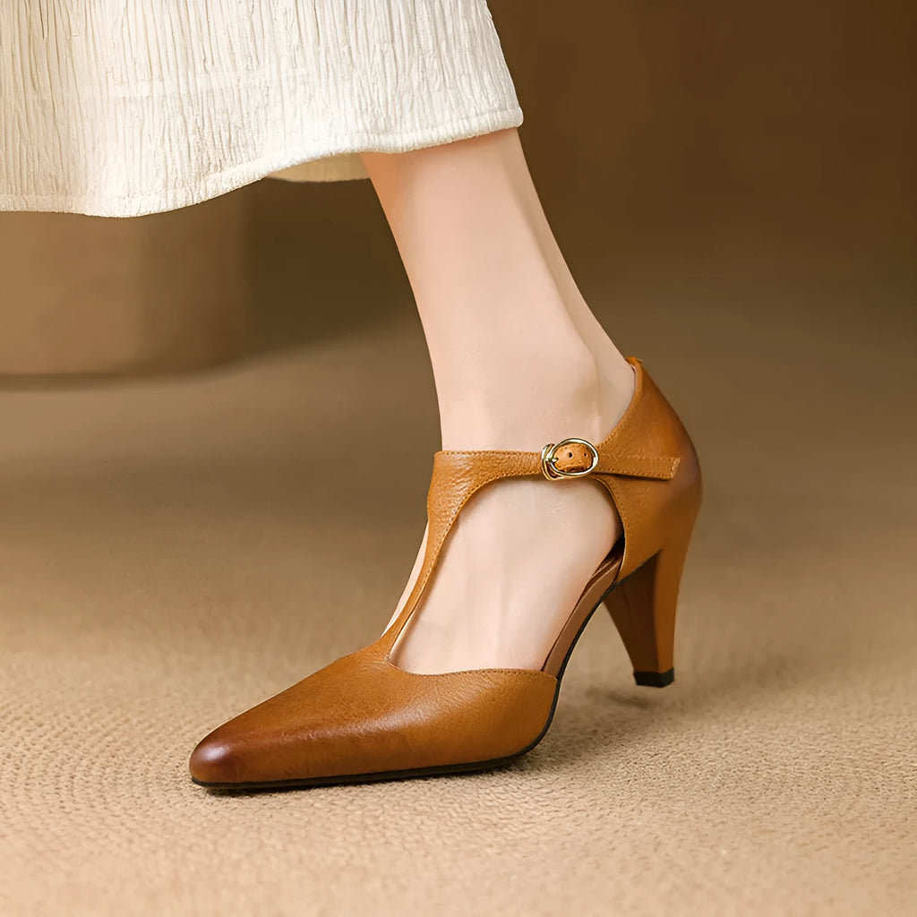 Brown retro women's T-strap sandals with a closed toe, buckle fastening, and a short stout heel.