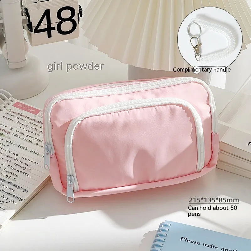 Double layer pencil case in blue, cream, green or pink with gift handle