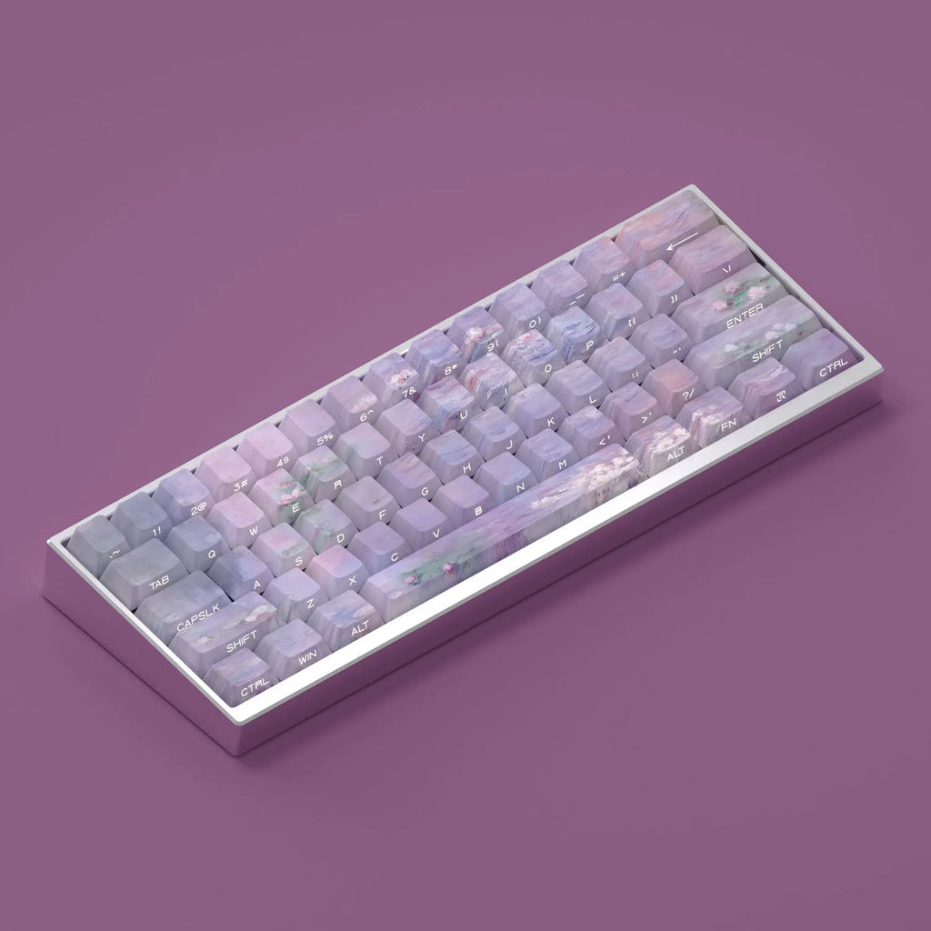 Wenshao Sleeping Lotus PBT keycap set with side-engraved translucent legends, showing 130 keys for mechanical keyboards.