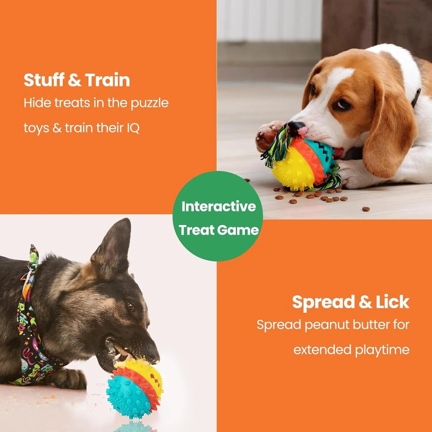 Large blue and red TPR rubber dog ball toy with a rope and treat dispenser hole.