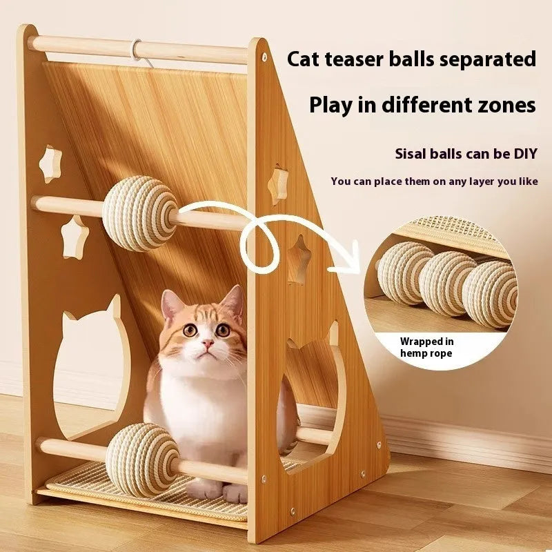Vertical wall-mounted cat scratch board with sisal surface and hemp rope wrapped ball centre