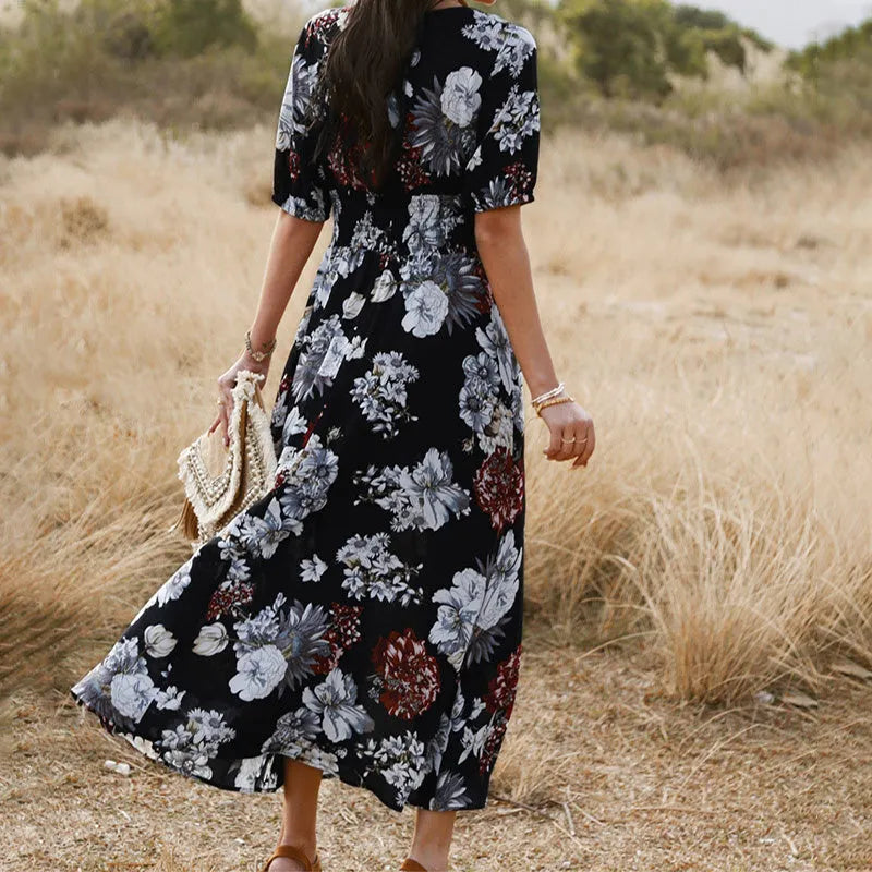 Women's floral print summer beach dress with V-neck and elastic waist