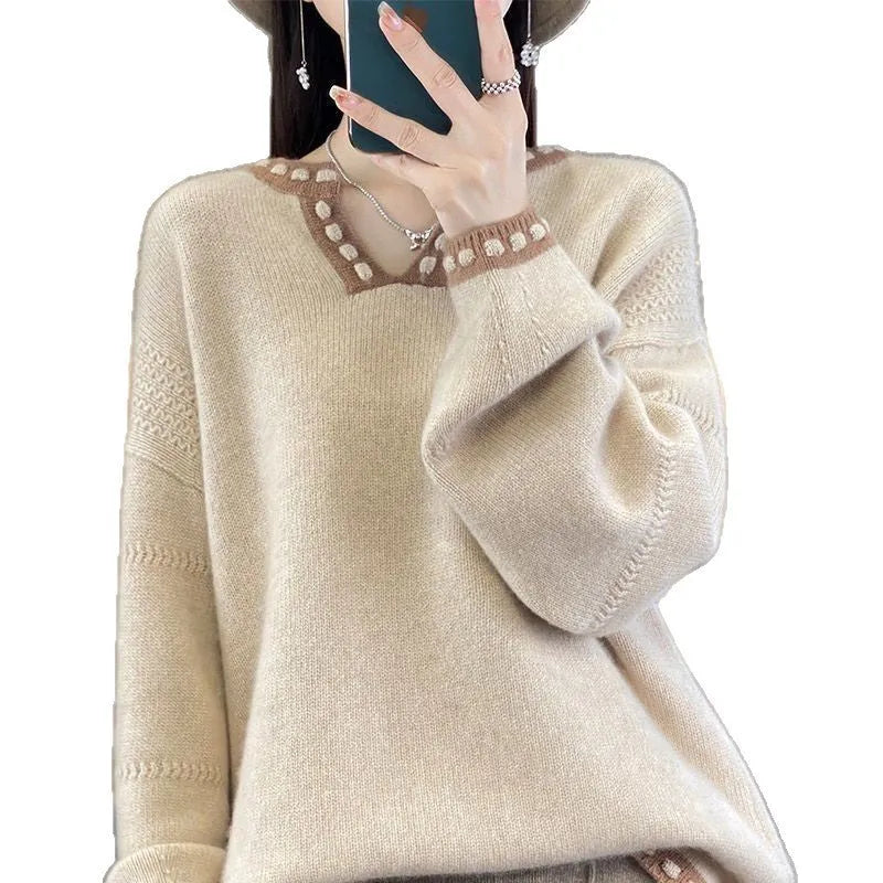 Women's white V-neck pullover sweater with long sleeves made from viscose fibre