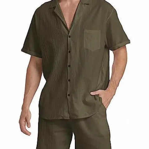 Men's linen short-sleeved shirt and matching shorts set in army green on a mannequin