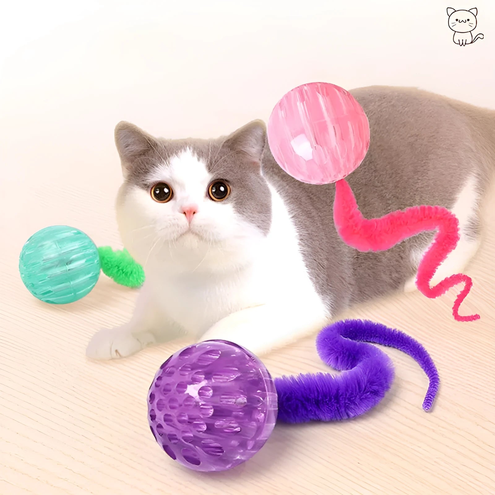 Interactive cat ball toy with bouncy ball and worm-like tail for indoor cats