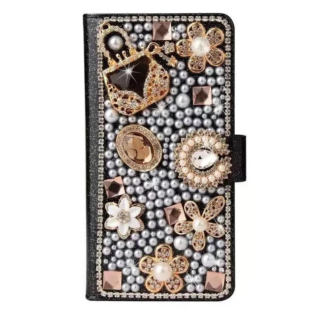 Handmade imitation leather phone case with all-inclusive rhinestone detailing in white gem wallet design