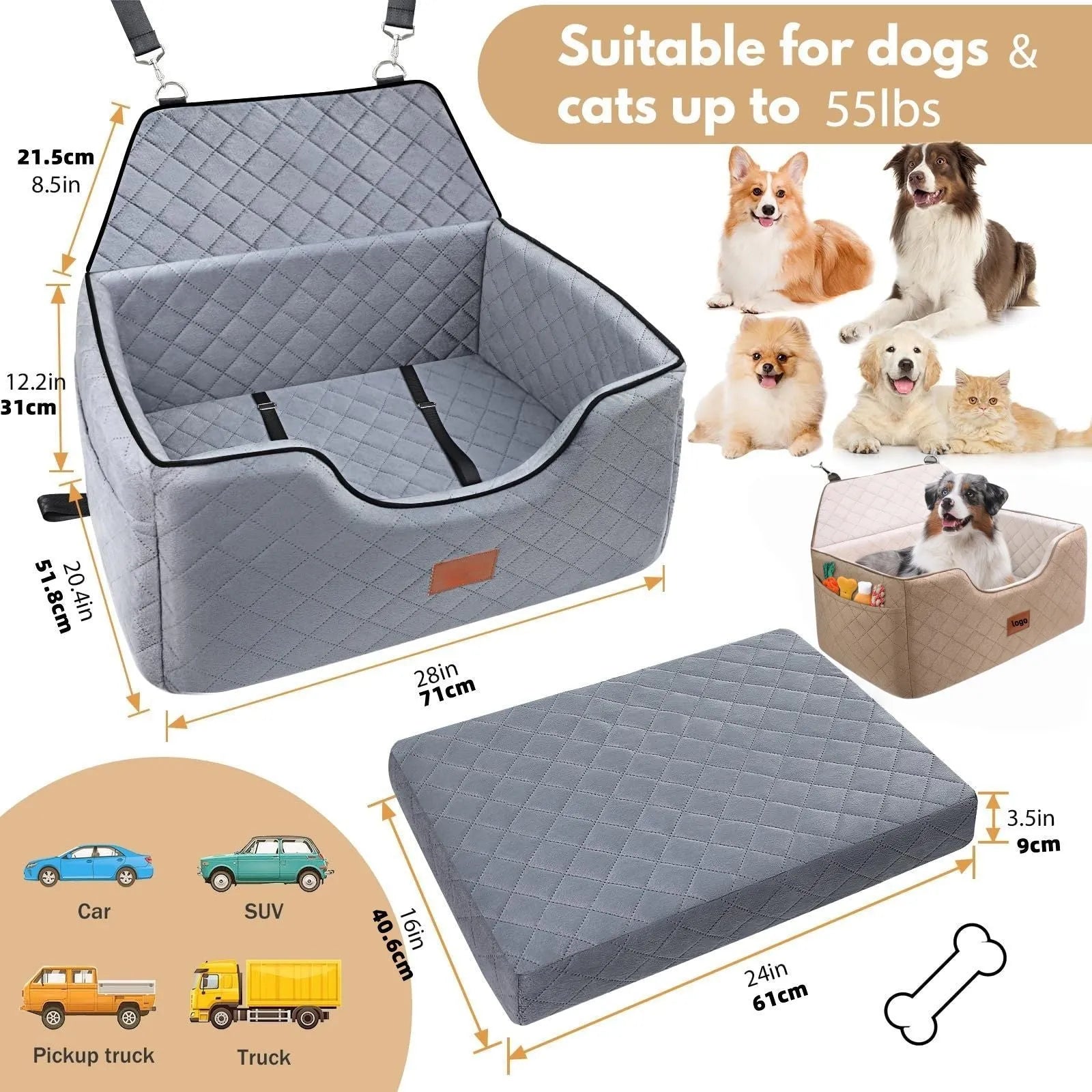 Breathable pet car nest for dog rear row travel cushion in beige cloth, 70x50x30cm