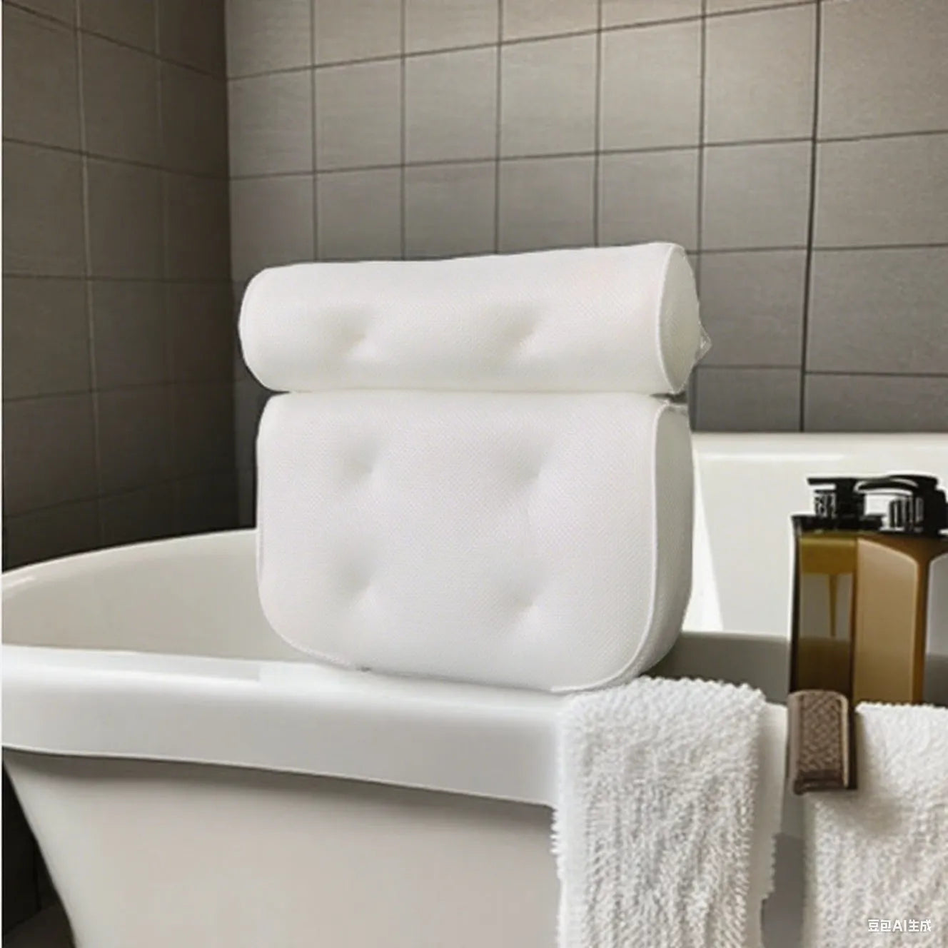 White bathtub pillow with 4D mesh fabric and multiple suction cups on a tub.