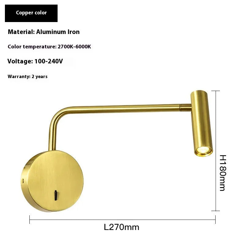 Rocker minimalist LED reading wall lamp 3W in black finish with switch