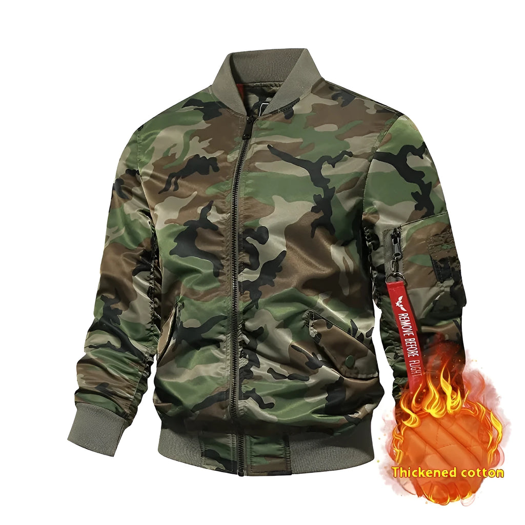 Men's thickened camouflage jacket in solid colour with side pockets, available in plus sizes