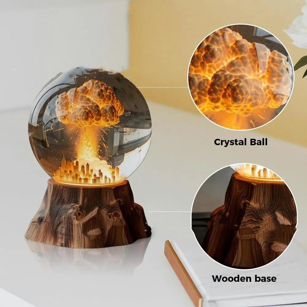 Close-up of a 3D atomic bomb explosion lamp in resin with hand-painted details, showing a mushroom cloud shape on a desk