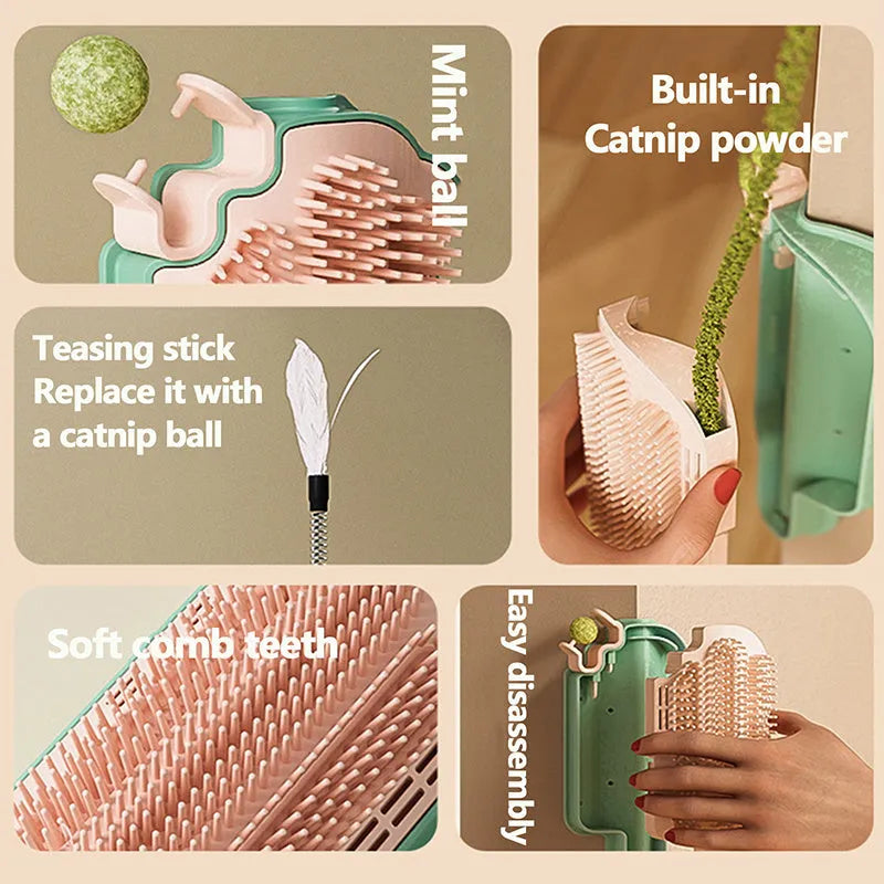 Ice cream cone-shaped cat scratching post with feather teaser in corner placement