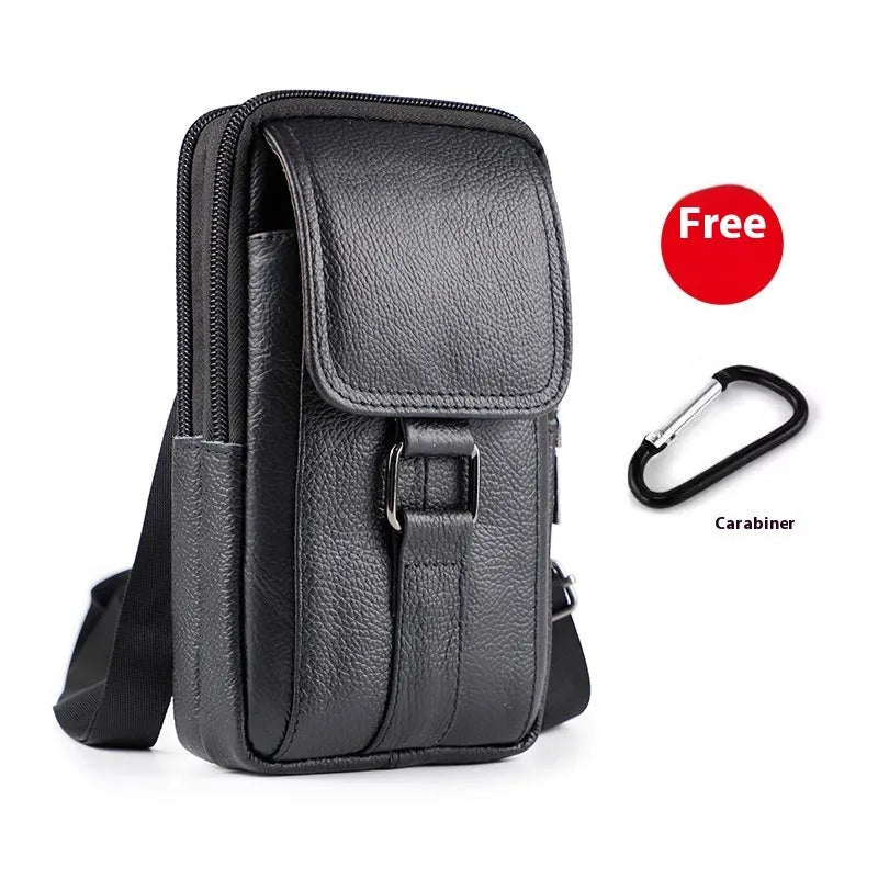 Men's black genuine leather waist bag with lock closure and vertical square design