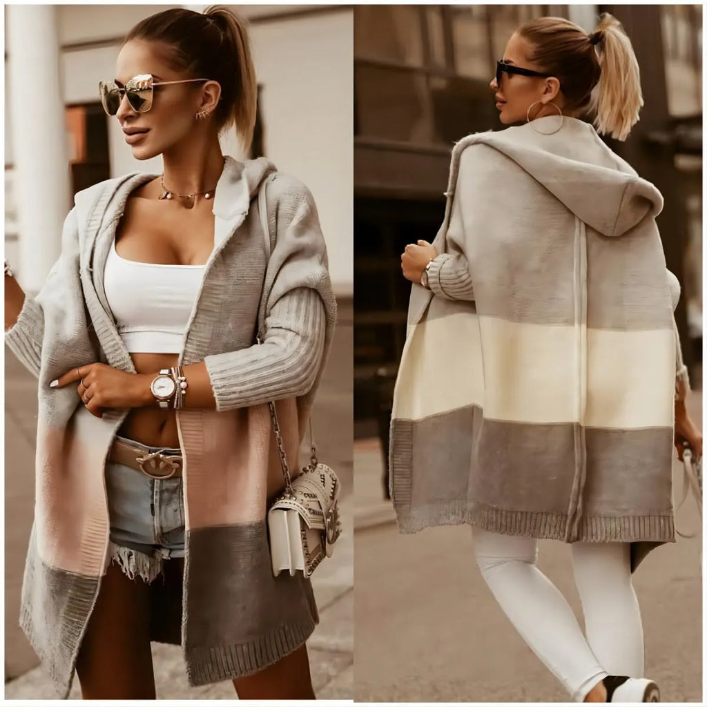 Colour matching hooded knit cardigan coat for women, long sleeve, thick cashmere blend, loose fit, pink and gray