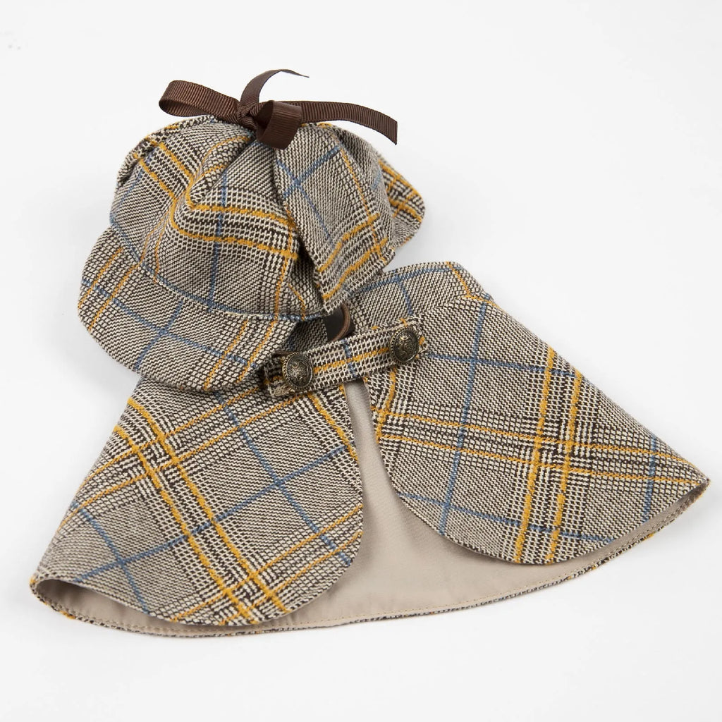 Camel-coloured detective suit style cotton cloak for a dog, featuring an adjustable hat.