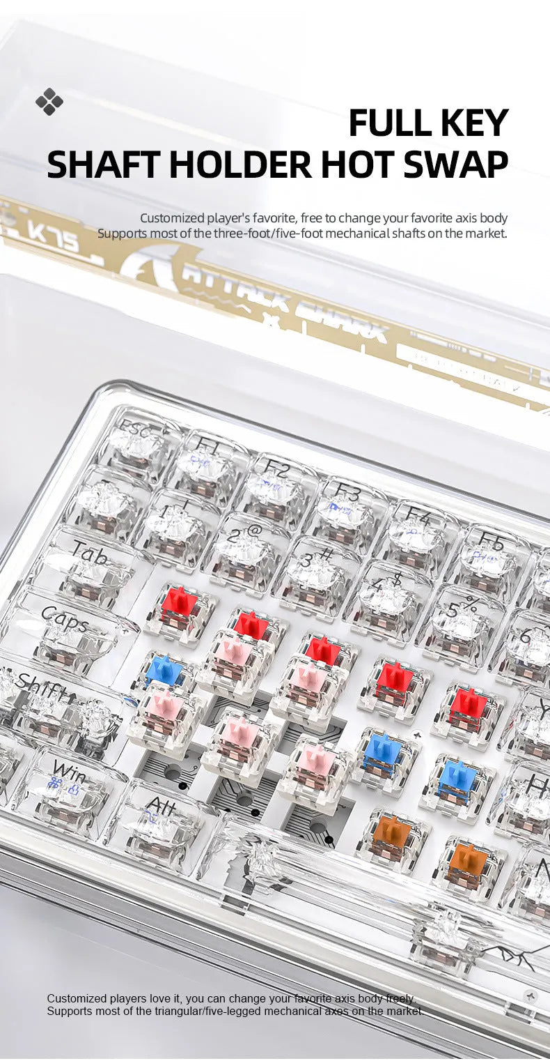 Attack Shark K75 white transparent wireless mechanical keyboard with RGB backlight on a desk.