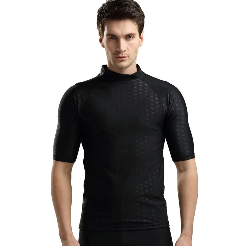 Men's black leopard print short-sleeved swimsuit suit with split quick-drying fabric, front view