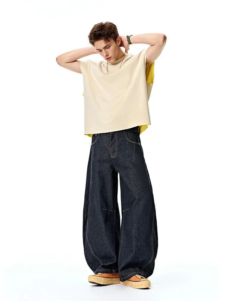 Men's wide leg denim trousers in original cow colour, mid waist design