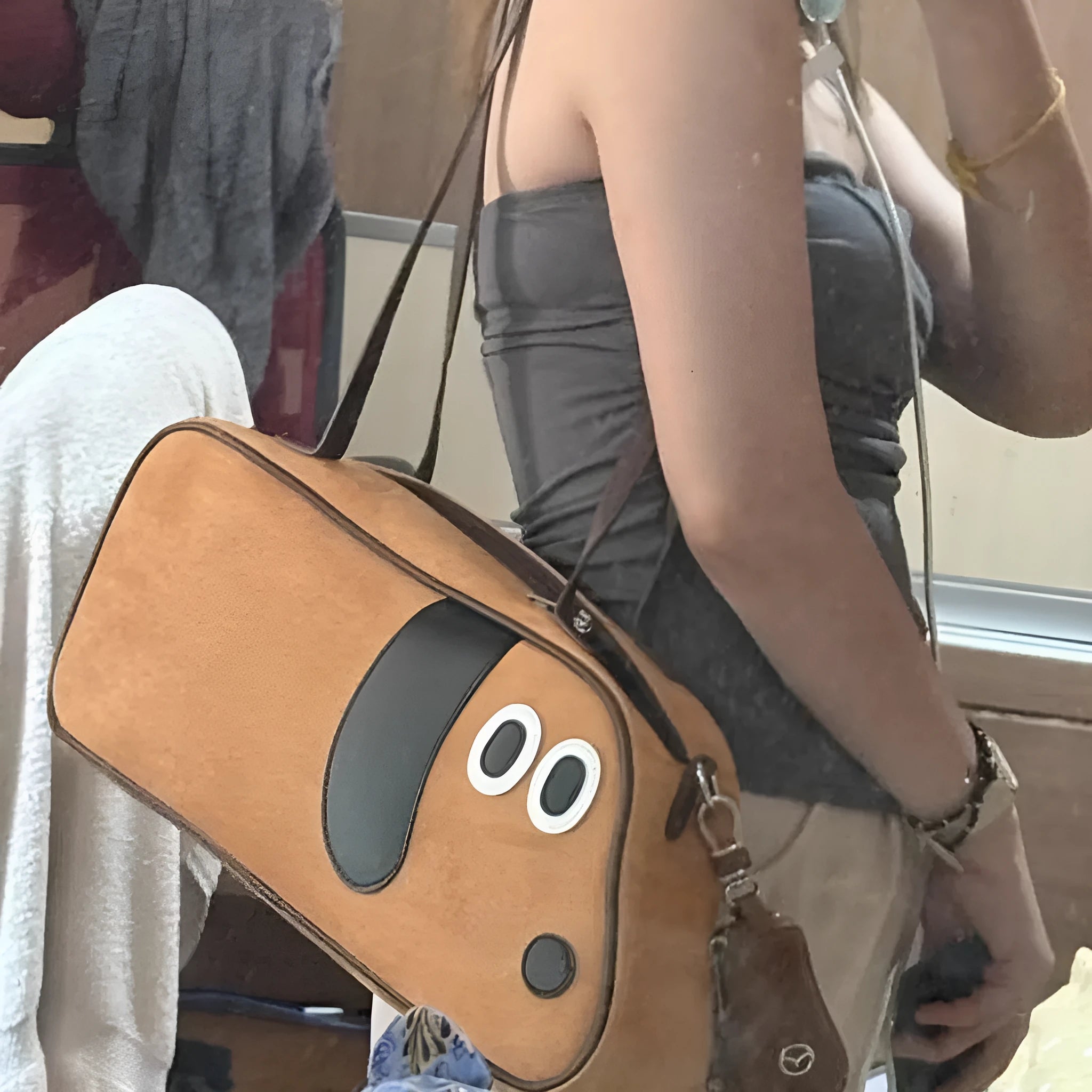 Virtue Pull Sausage Dog cute large capacity crossbody shoulder bag in toast brown cotton
