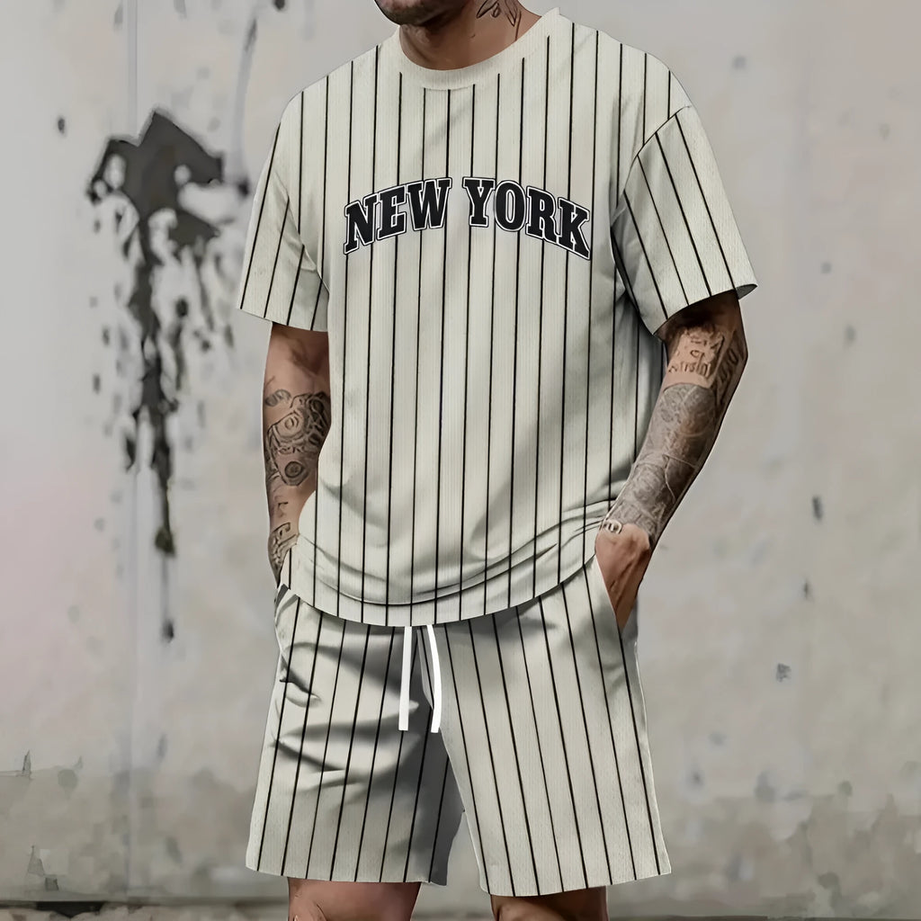 Men's 3D printed letter suit set with short sleeves and matching shorts in various colours