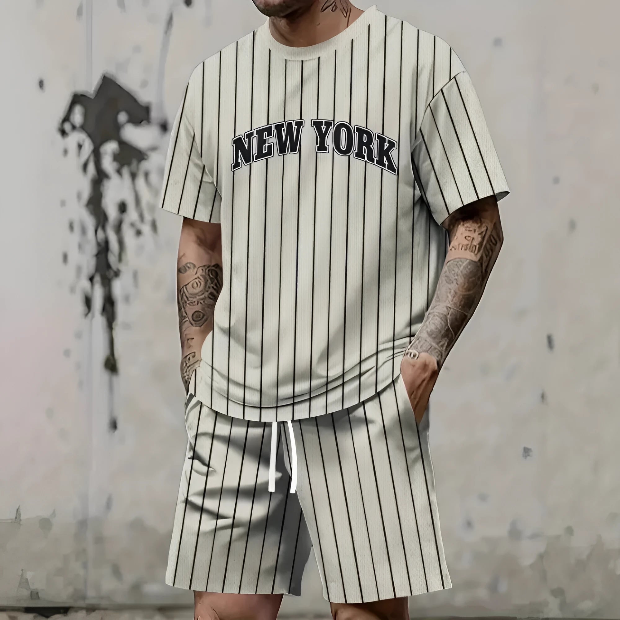Men's 3D printed letter suit set with short sleeves and matching shorts in various colours
