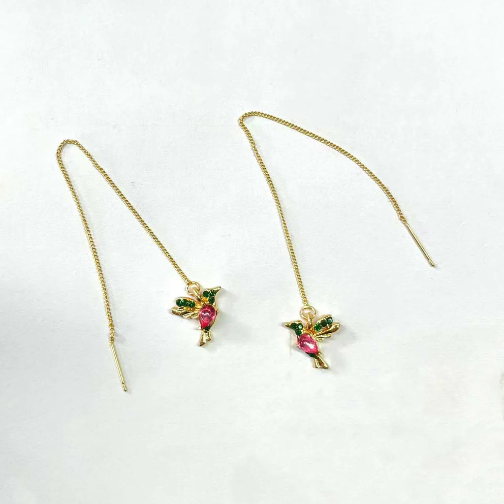 Long hanging bird design earrings for women with mixed zirconium wings, in red, blue, or red lvzuan.