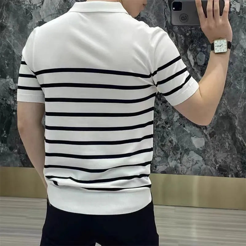 Men's black and white striped lapel knitted t-shirt with pullover style