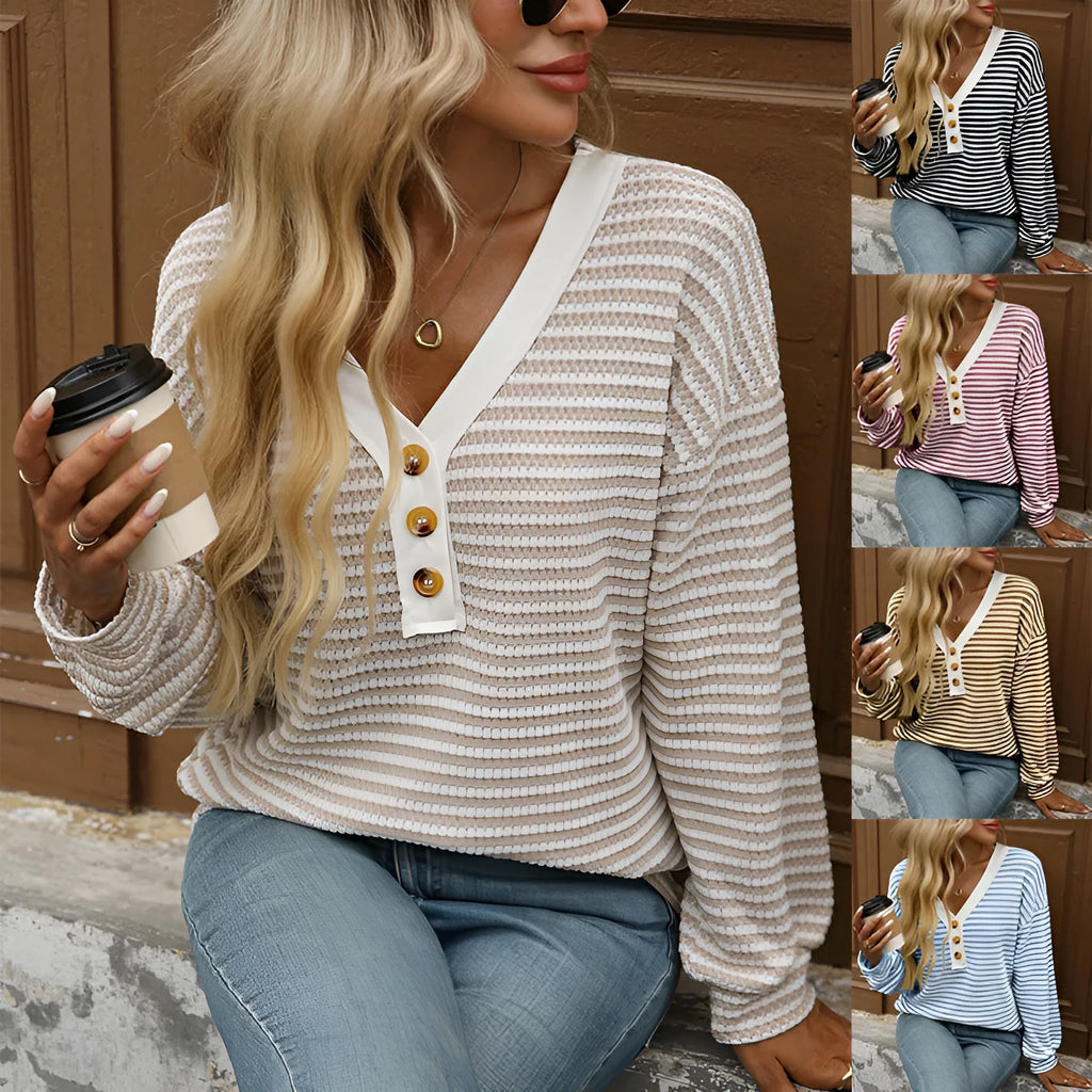 Women's loose V-neck button front casual top with patchwork design in multiple colours