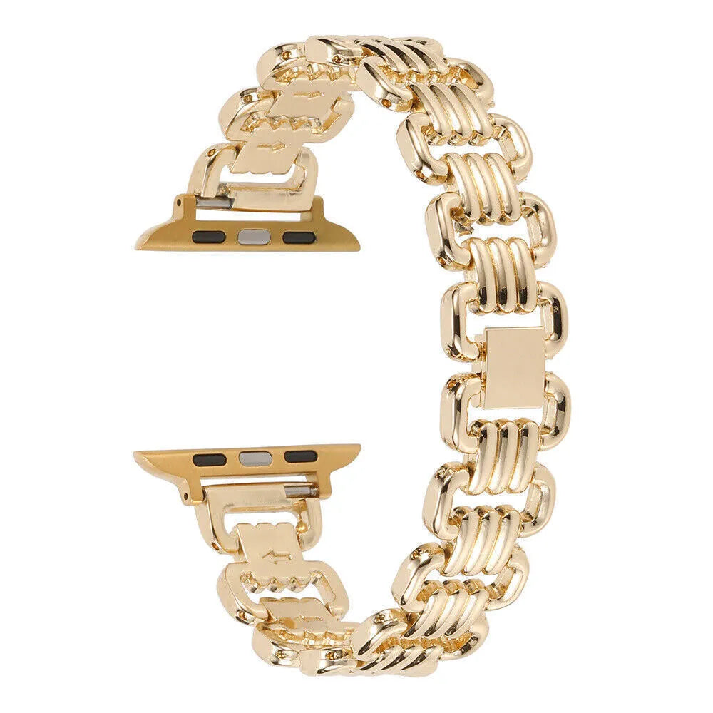 Alloy metal Apple Watch replacement band in silver, black, gold, rose gold, and starlight colours with adjustable clasp.