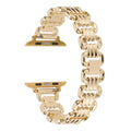 Alloy metal Apple Watch replacement band in silver, black, gold, rose gold, and starlight colours with adjustable clasp.