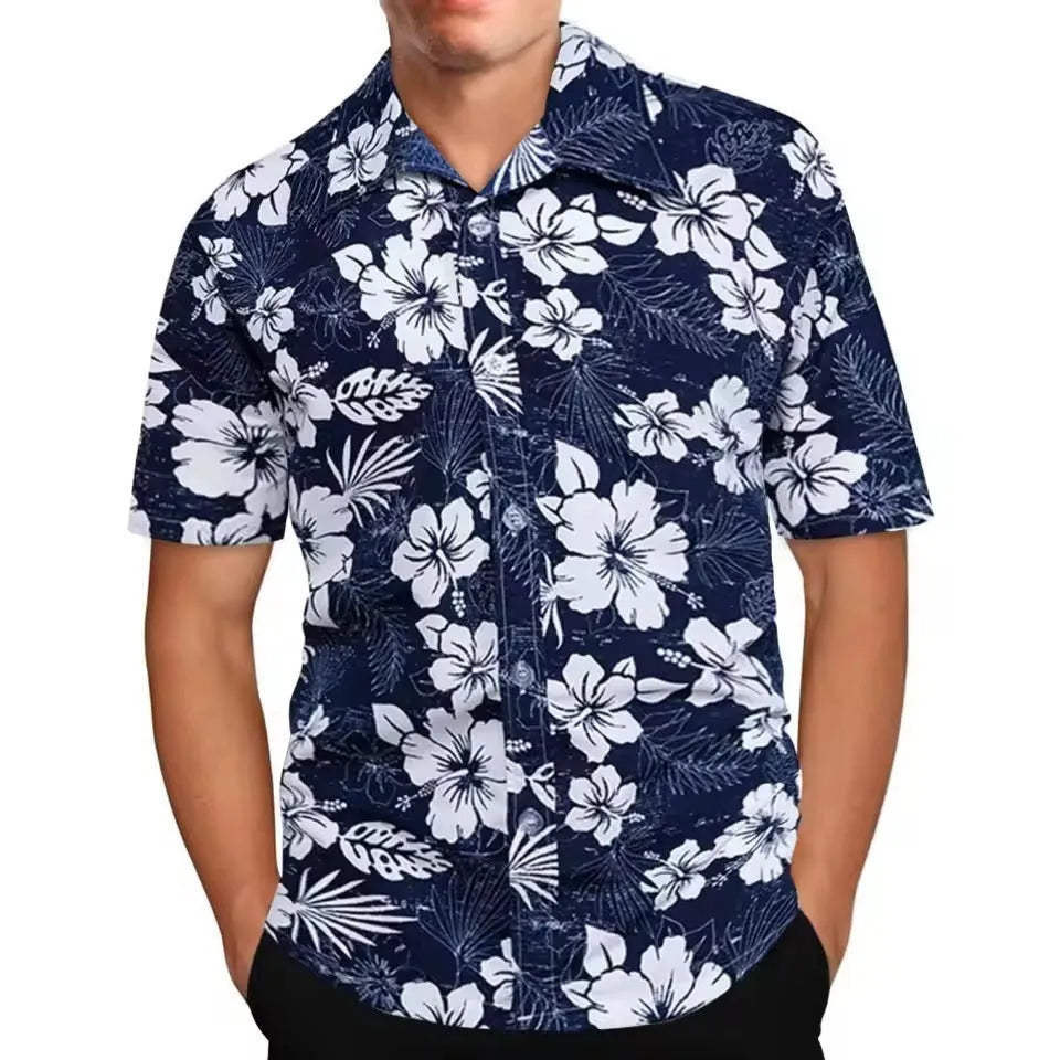 Men's loose fit floral printed beach shirt in polyester fabric with short sleeves