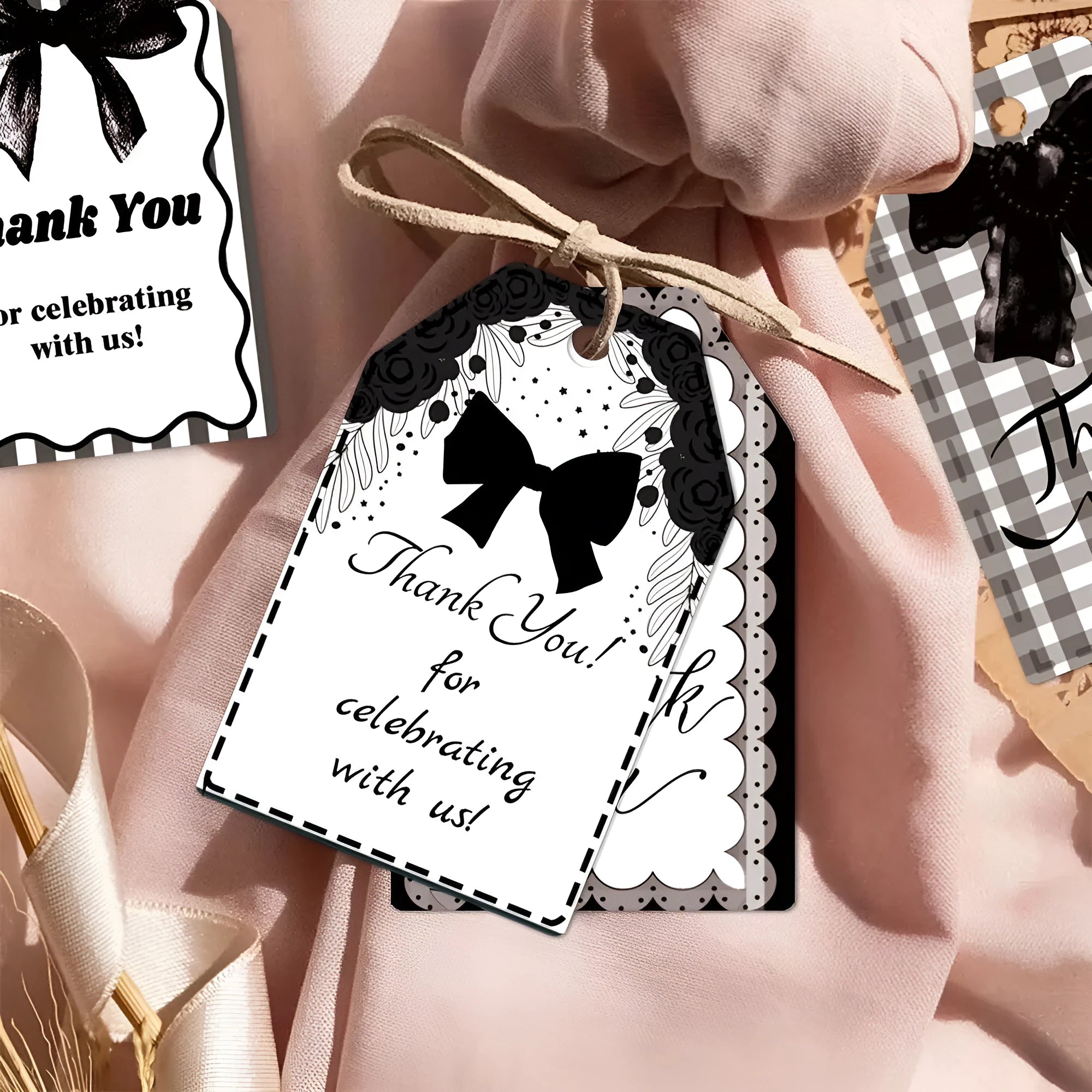 Creative bowknot gift label tags set showing three decorative styles with natural hemp rope ties