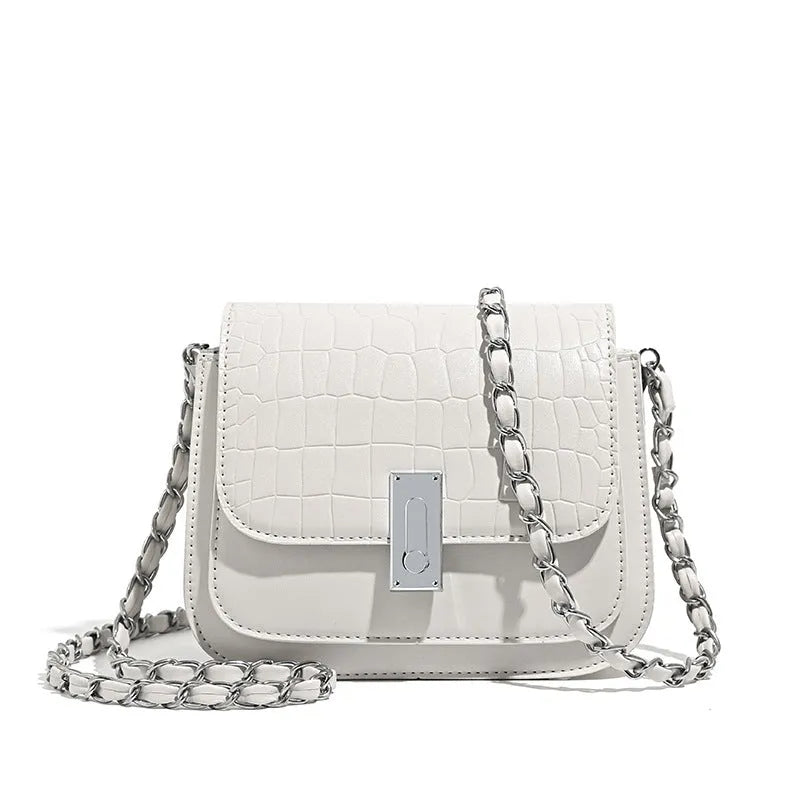 Women's soft PU chain shoulder bag in horizontal square shape with interior mobile phone pocket