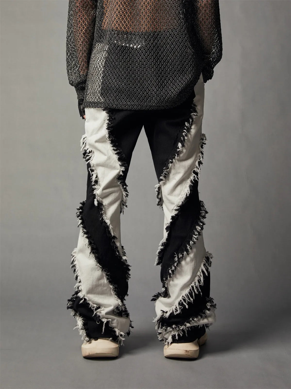 Black white patchwork slim fit rough edge washed jeans with mid waist and zip fly